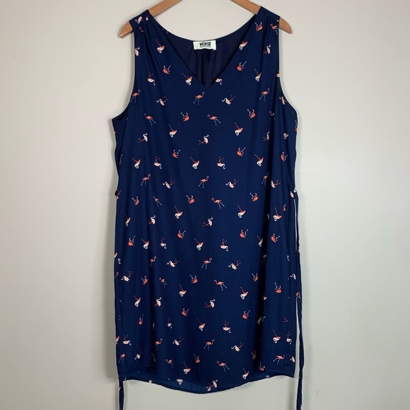 Verse Flamingo‎ Pattern Navy Dress Belted Women’s Size M / L - Picture 7 of 16